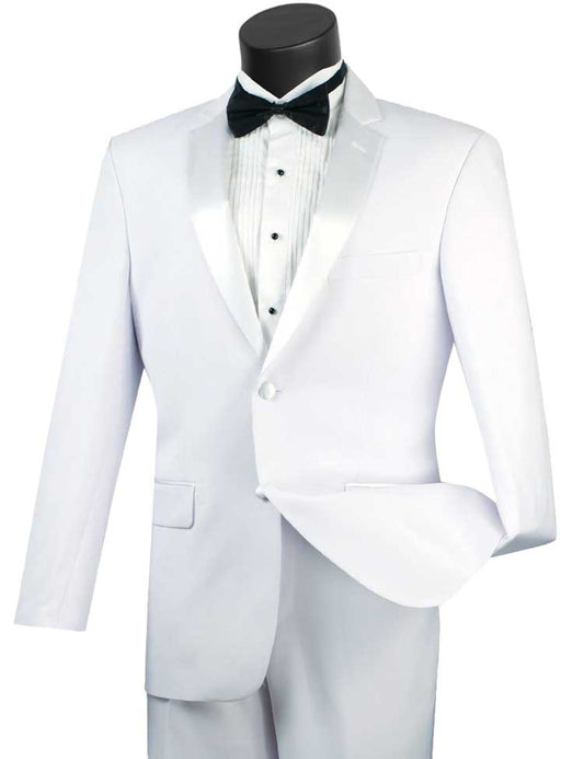 On display is the Vinci Suits Slim Fit 2 Piece 2 Buttons Design Tuxedo (White) T-SC900, featuring a wrinkle-resistant finish, complete with a black bow tie and dress shirt on a mannequin.