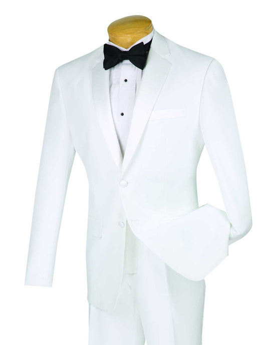 A mannequin elegantly showcases the Vinci Suits Slim Fit 2 Piece 2 Button Design Single Breasted Tuxedo (White) T-SLPP, complemented by a sleek black bow tie.