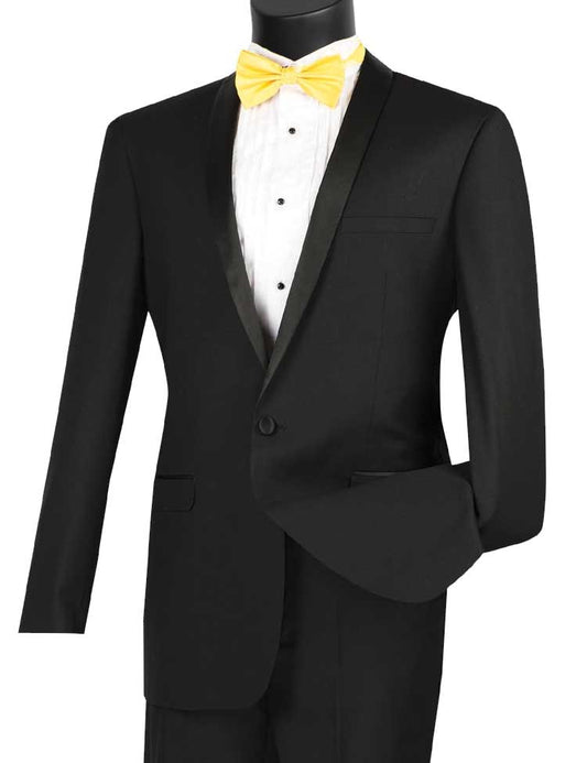 Displayed on a mannequin, the Vinci Suits Slim Fit 2 Piece 1 Button Shawl Collar Tuxedo (Black) T-SS features a satin shawl collar, crisp white dress shirt, and vibrant yellow bow tie. Its wrinkle-resistant fabric ensures you look polished for any occasion.