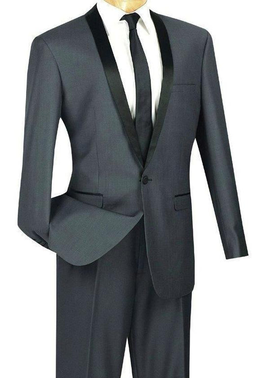 The Slim Fit 2 Piece 1 Button Shawl Collar Tuxedo (Heather Gray) T-SS by Vinci Suits is elegantly displayed on a mannequin, featuring a sleek gray suit with a black lapel. Paired with a white dress shirt and black tie, its wrinkle-resistant fabric ensures you look sharp at any event.