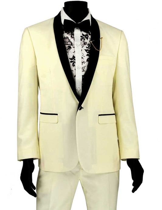 Vinci Suits' Slim Fit Ivory Tuxedo, featuring a 1 button shawl collar with black lapels, is stylishly paired with a floral-patterned shirt and sleek black bow tie.