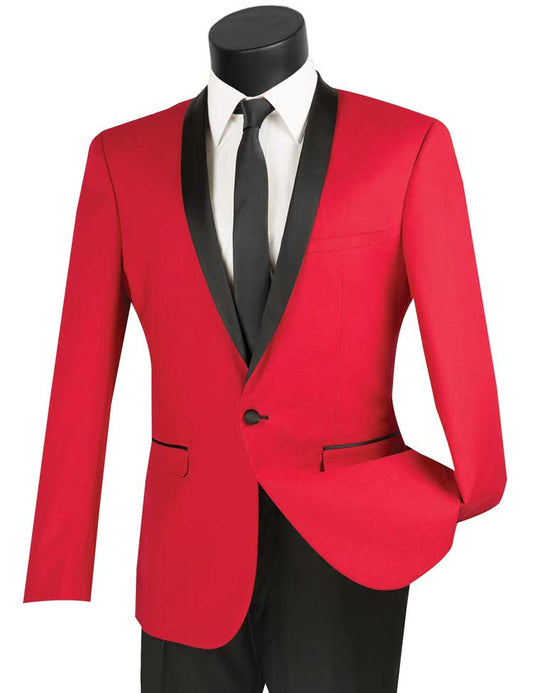 Displayed on a mannequin, the Vinci Suits Slim Fit 2 Piece 1 Button Shawl Collar Tuxedo (Red) T-SS features a striking black lapel with a crisp white shirt and classic black tie, creating a sleek silhouette perfect for any formal occasion.