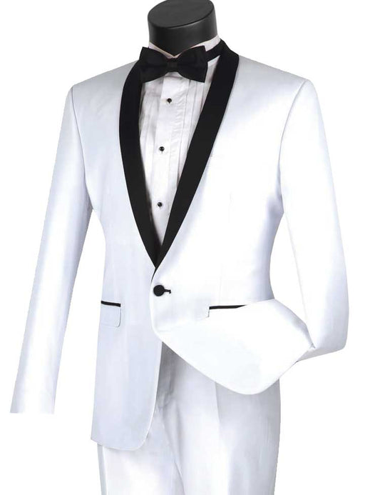 Displayed elegantly on a mannequin, the Slim Fit 2 Piece 1 Button Shawl Collar Tuxedo (White) by Vinci Suits includes a wrinkle-resistant white jacket with a black shawl collar, paired with a white dress shirt, black bow tie, and subtle black button accents.