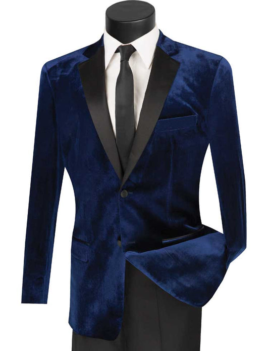 The mannequin sports a Vinci Suits Slim Fit 2 Piece Velvet Tuxedo in navy (T-SV), featuring black lapels, paired with a white dress shirt and a slim-fit black tie.