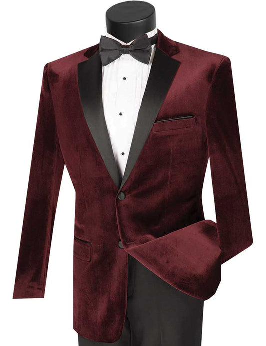 The Slim Fit 2 Piece Velvet Tuxedo (Wine) T-SV by Vinci Suits, featuring black lapels, comes displayed with a white shirt and black bow tie. Pair it with slim-fit wool-blend pants for a look of impeccable sophistication.