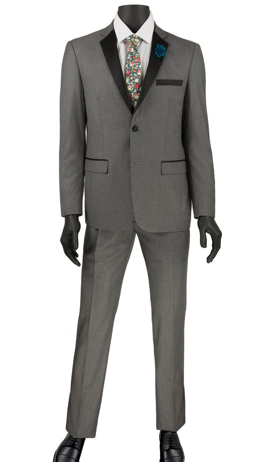 Displayed on a mannequin, the Vinci Suits "Ultra Slim Fit 2 Buttons 2 Piece Tuxedo (Gray) T-US900" features a gray suit with black lapels, paired with a white shirt, floral tie, blue pocket square, and finished with black shoes for a sophisticated look.