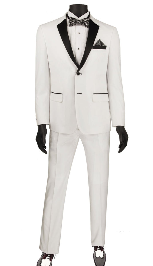 The Vinci Suits Ultra Slim Fit 2 Buttons 2 Piece Tuxedo (White) T-US900, featuring black notch lapels, is displayed on a mannequin with a matching bow tie and pocket square.