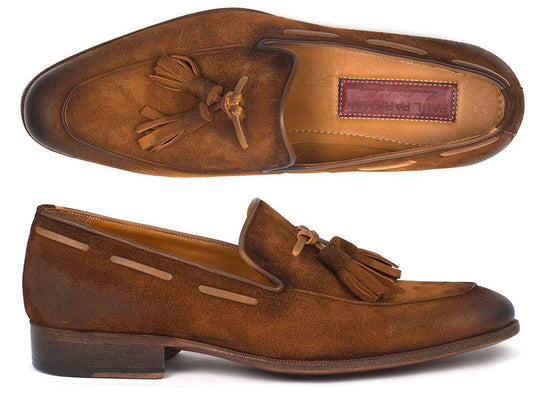 Paul Parkman's Tassel Loafer in Brown Antique Suede - TAB32FG showcases leather soles and decorative stitching, encapsulating the essence of refined men's footwear.