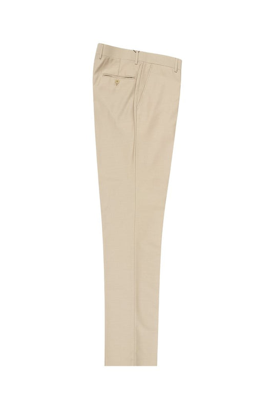 A pair of Tiglio Luxe Tan Flat Front, Pure Wool Modern Fit Dress Pants 2560 TIG1004 with a back pocket, displayed flat on a white background.
