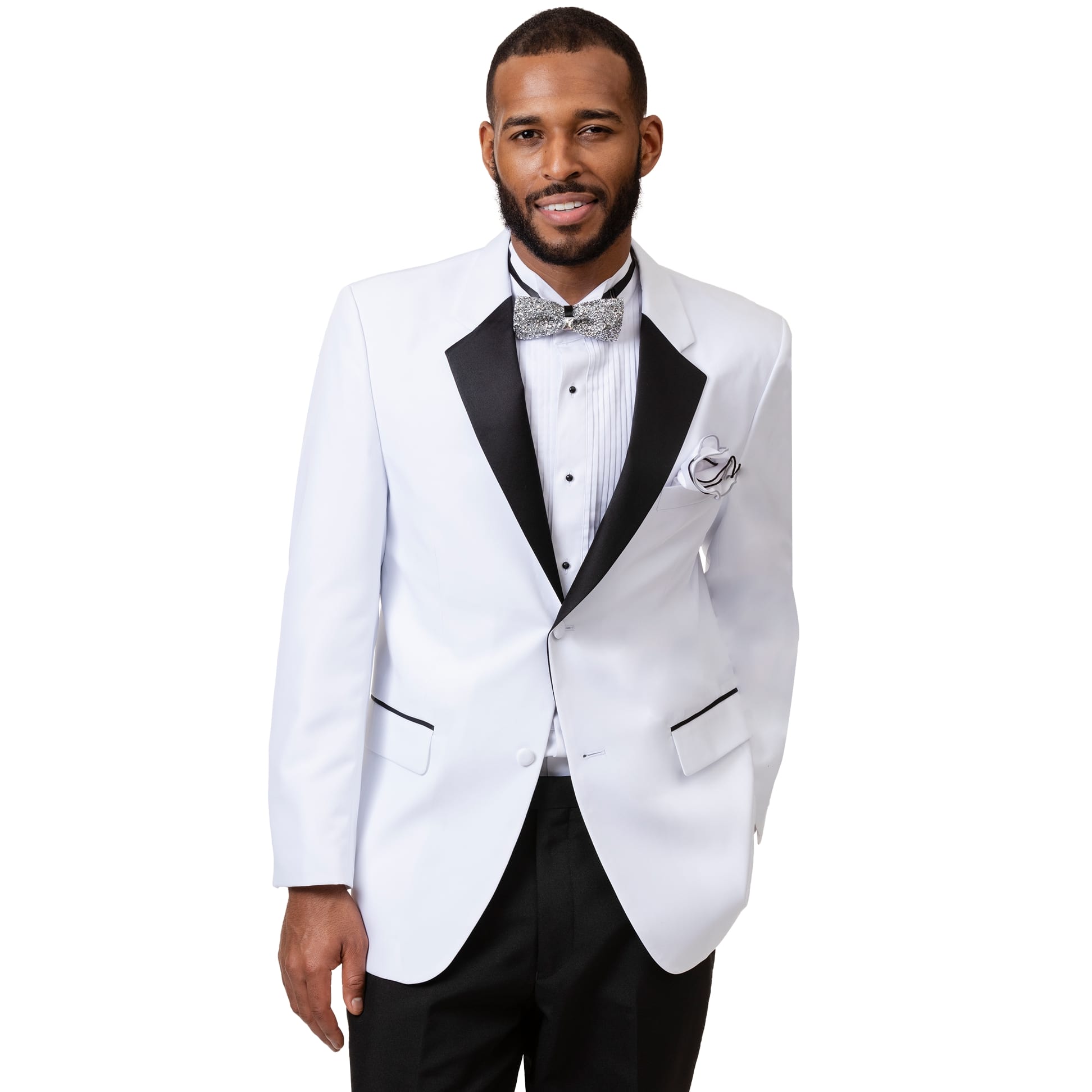 A man in the EJ Samuel White Tuxedo (TUX112), showcasing a stylish white jacket with a black lapel and a matching bow tie, stands confidently against a pristine white background.