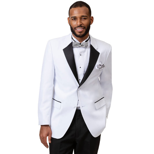 A man in the EJ Samuel White Tuxedo (TUX112), showcasing a stylish white jacket with a black lapel and a matching bow tie, stands confidently against a pristine white background.