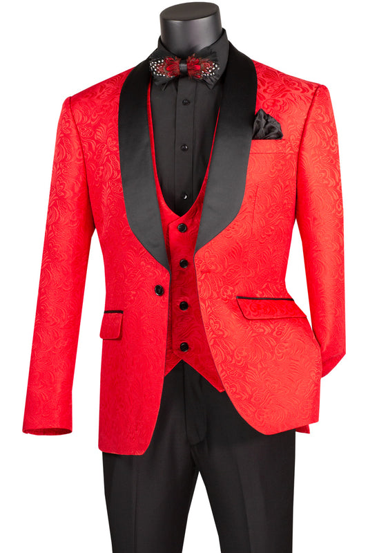 The Vinci Suits Slim Fit 3 Piece Single Button Jacquard Fabric Tuxedo (Red) TVSJ-1 features a red jacket with black satin lapels, a matching red vest, and a floral-accented black bowtie, offering a stylish blazer alternative perfect for formal occasions.