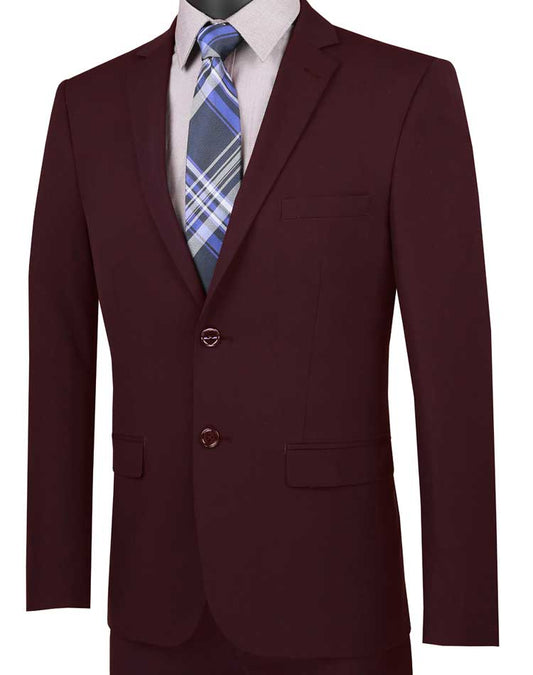 Displayed on a mannequin, the Vinci Suits' Ultra Slim Fit Stretch Wool Feel Suit (Burgundy) USDX-1, paired with a gray shirt and blue plaid tie, exudes elegance and unparalleled comfort.