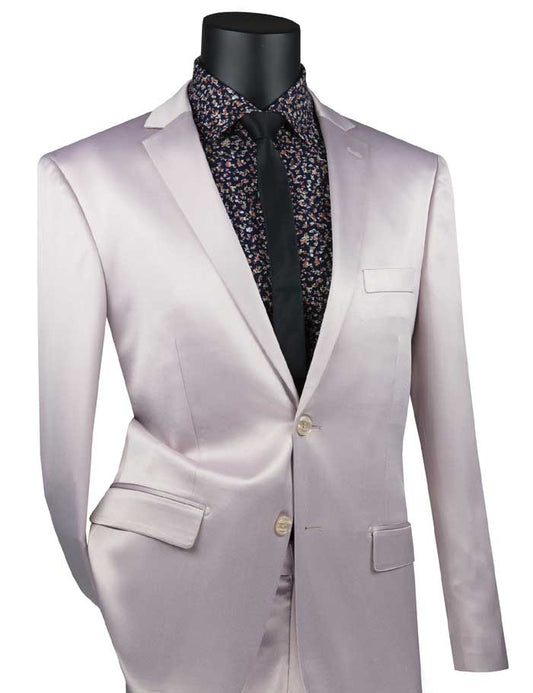 A mannequin features the Vinci Suits' Ultra Slim Fit Stretch Sateen Suit in blush, combined with an elegant black floral shirt and solid dark tie, for a contemporary look.