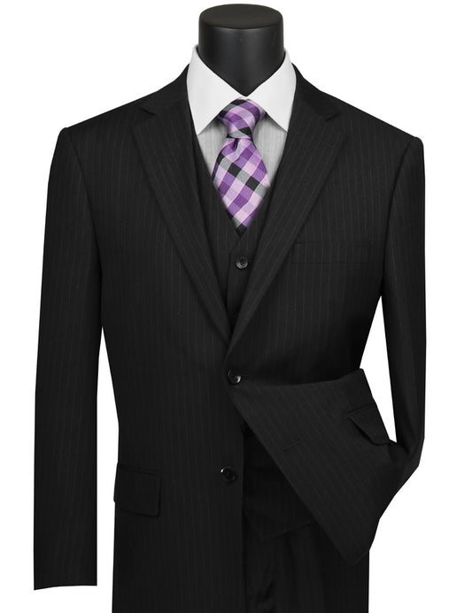 A mannequin features the Regular Fit 3 Piece Suit (Black) by Vinci Suits, including a black pinstripe suit, white shirt, and purple plaid tie.