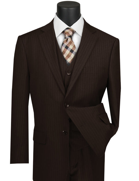 A Vinci Suits mannequin elegantly showcases the Regular Fit 3 Piece Suit with a dark pinstripe jacket, a brown tone on tone stripe vest, a crisp white shirt, and a plaid tie in beige, brown, and gray (Product ID: V2RS-7).