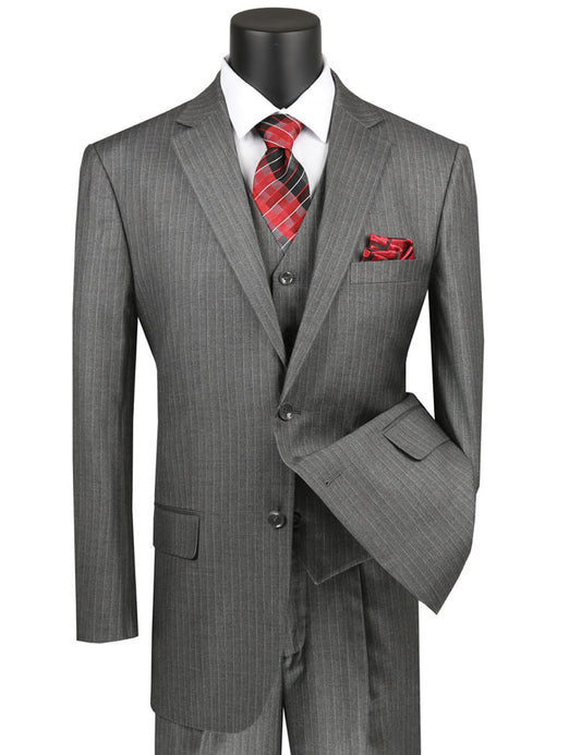The Regular Fit 3 Piece Suit by Vinci Suits, featuring a medium gray tone-on-tone stripe with a red checkered tie, matching pocket square, crisp white shirt, and three-button vest, is expertly displayed on a sleek black mannequin.