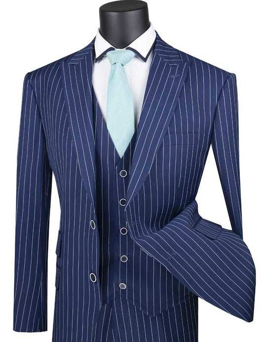 Vinci Suits' Regular Fit 3 Piece Suit in blue gangster stripe (V2RS-9) is displayed on a mannequin, complete with a matching vest, white shirt, and light blue tie. Made from a poly-rayon blend, this ensemble exudes timeless elegance.
