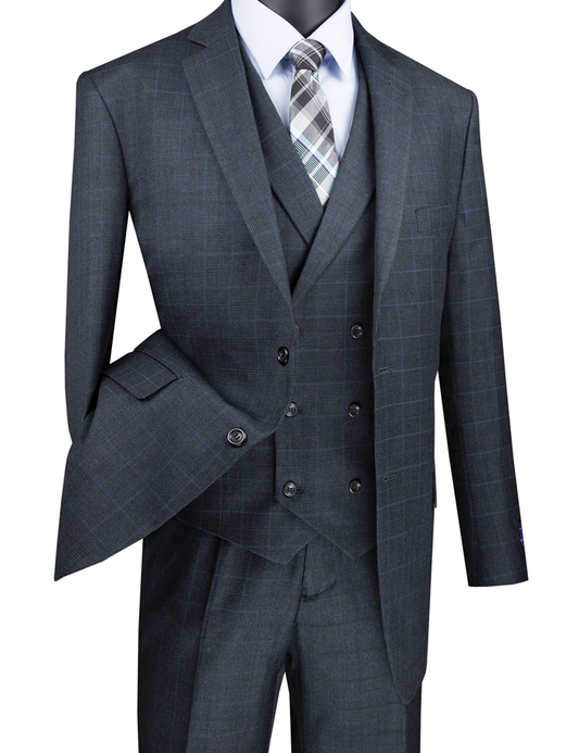 The mannequin displays the Vinci Suits Regular Fit Glen Plaid 3 Piece Suit (Charcoal) V2RW-13, featuring a double-breasted vest. Elegantly paired with a white shirt and checkered tie, this ensemble exudes timeless sophistication.