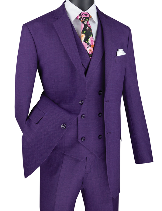 The mannequin displays a Vinci Suits Regular Fit Glen Plaid 2 Button 3 Piece Suit (Purple) V2RW-13, accented with a floral tie, white pocket square, and double-breasted vest, radiating sophistication and capturing attention with its rich hue and classic appeal.