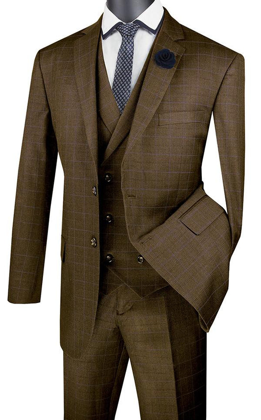 A mannequin features a Vinci Suits Regular Fit Glen Plaid 2 Button 3 Piece Suit in taupe, accented with a blue tie and floral lapel pin, exuding timeless elegance.