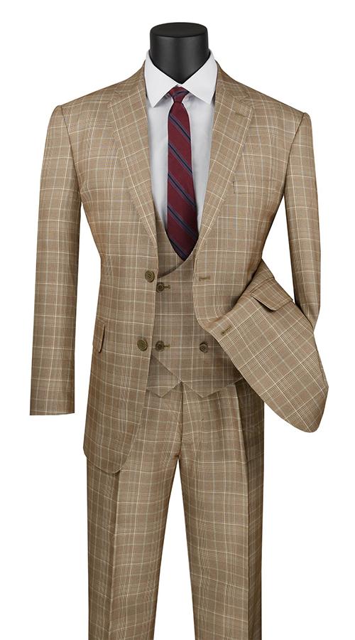Displayed on a mannequin, the Vinci Suits Regular Fit 3 Piece Suit in Camel (V2RW-7) exudes timeless elegance with its classic tan glen plaid jacket, vest, and pants. Paired with a crisp white shirt and vibrant red striped tie, it's the epitome of style.