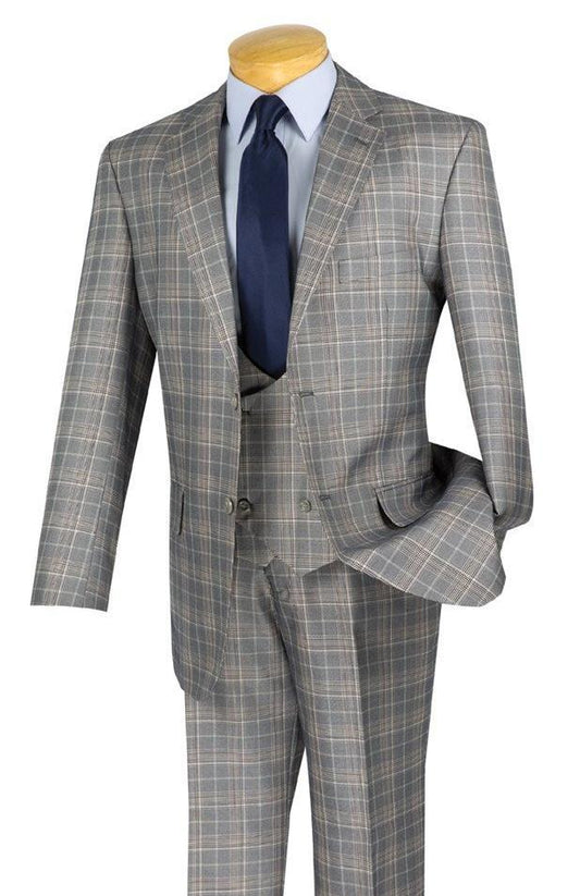 The Vinci Suits Regular Fit 3 Piece Suit (Gray) V2RW-7 features a plaid design with a double-breasted vest, elegantly styled on the mannequin alongside a blue shirt and dark blue tie.