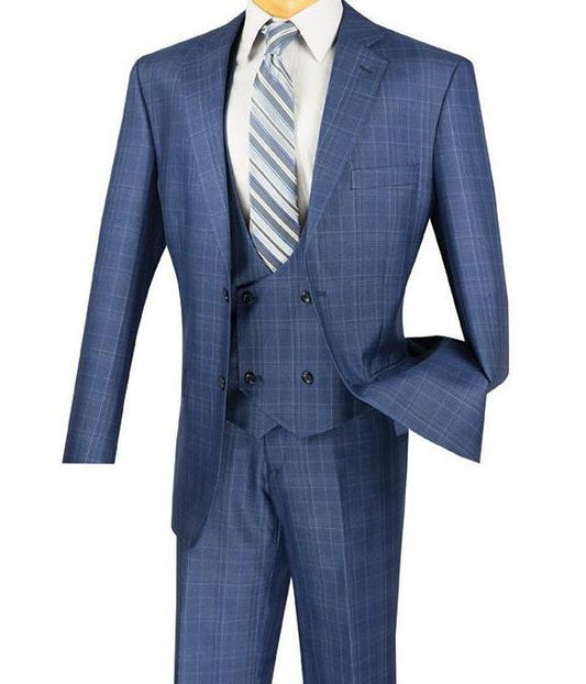 Displayed on the mannequin is Vinci Suits' Regular Fit 3 Piece Suit (Oxford Blue) V2RW-7, featuring a jacket, wrinkle-resistant double-breasted vest, and pants, paired with a striped tie.
