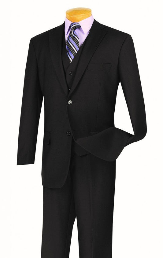 A Vinci Suits Regular Fit 3 Piece Suit (Black) V2TR is showcased on a mannequin, elegantly paired with a lavender shirt and striped tie for a refined look.