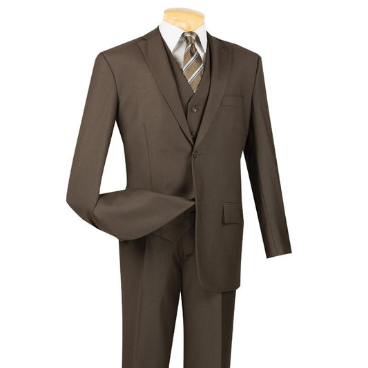Vinci Suits' mannequin displays a Regular Fit 3 Piece Suit 2 Button (Brown) V2TR, accessorized with a tie, white shirt, and pocket square.