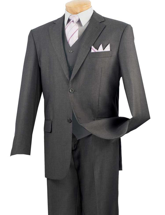 The Vinci Suits Regular Fit 3 Piece Suit 2 Button (Heather Gray) V2TR features a white shirt, striped tie, and pocket square on a headless and handless mannequin.