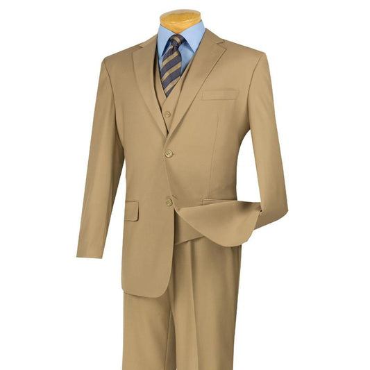 The Vinci Suits Regular Fit 3 Piece Suit V2TR in khaki is elegantly displayed on a wooden mannequin, featuring a blue shirt and striped tie.