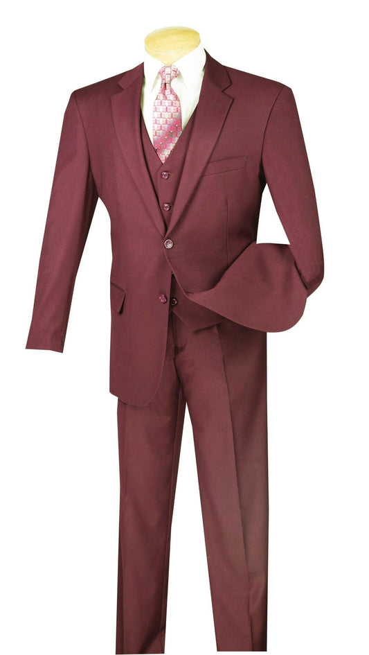 Vinci Suits' Regular Fit 3 Piece Suit 2 Button (Maroon) V2TR is elegantly displayed on a white background with a matching vest and jacket, enhanced by a pink patterned tie.