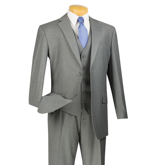 Displayed on a mannequin is the Vinci Suits Regular Fit 3 Piece Suit 2 Button (Medium Gray) V2TR, featuring a solid color scheme, complemented by a blue tie and crisp white dress shirt.