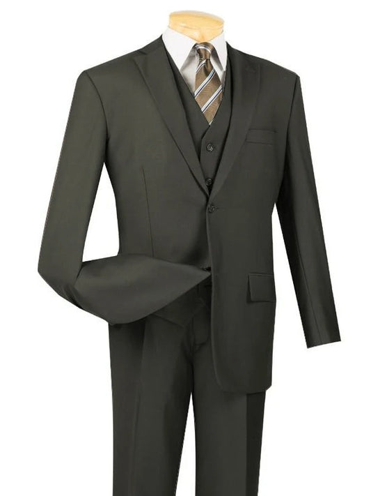 A mannequin displays the Regular Fit 3 Piece Suit 2 Button (Olive) V2TR by Vinci Suits, paired seamlessly with a crisp white shirt and striped tie.