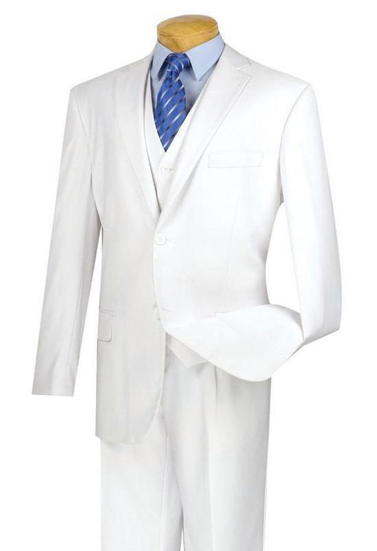 The mannequin showcases the Vinci Suits Regular Fit 3 Piece Suit 2 Button (White) V2TR, paired with a blue striped tie and light blue shirt, creating a timelessly elegant ensemble.