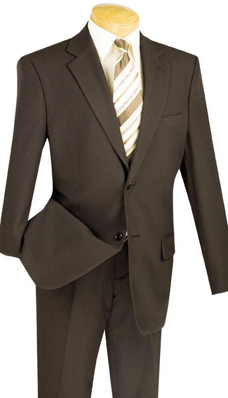 Mannequin dressed in a Vinci Suits Single Breasted Poplin Dacron Brown Suit (2PP) features a buttoned jacket with side vents, paired with a white shirt, striped tie, and flat front pants for sleekness.