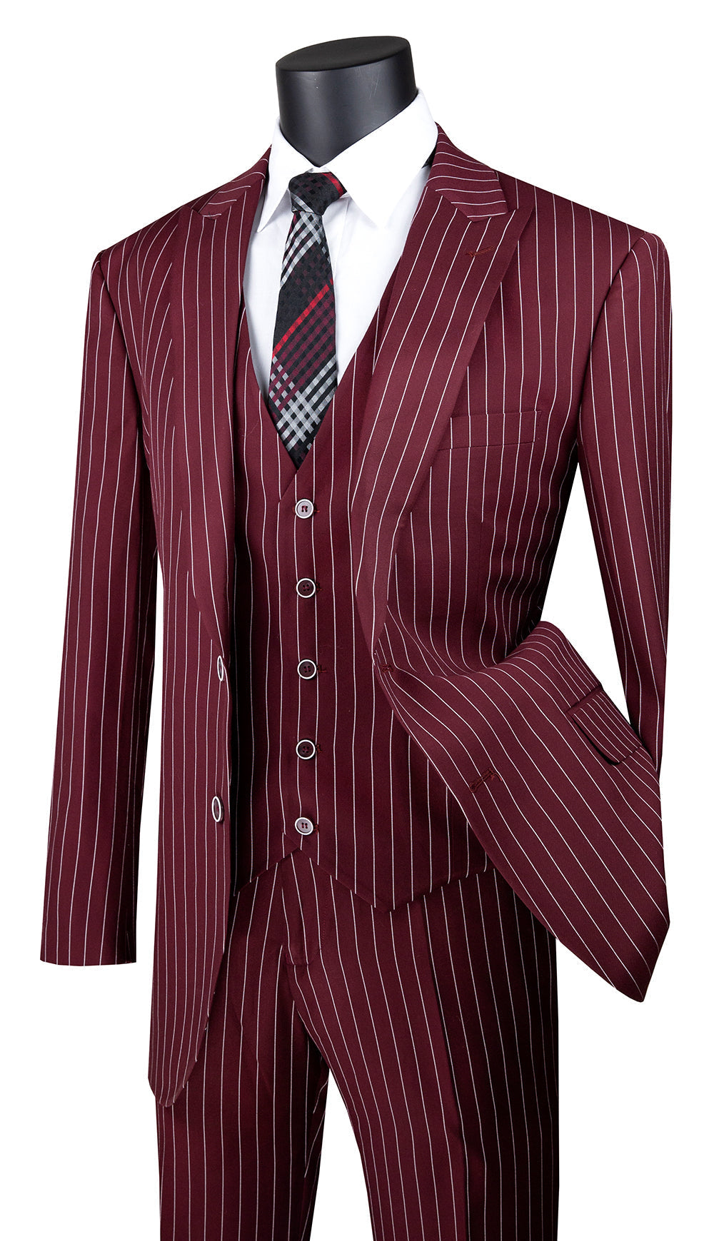 A mannequin showcases a Vinci Suits Regular Fit 3 Piece Suit in burgundy gangster stripe with peak lapel, white shirt, and checkered tie.