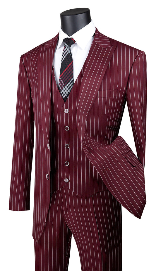 A mannequin showcases a Vinci Suits Regular Fit 3 Piece Suit in burgundy gangster stripe with peak lapel, white shirt, and checkered tie.