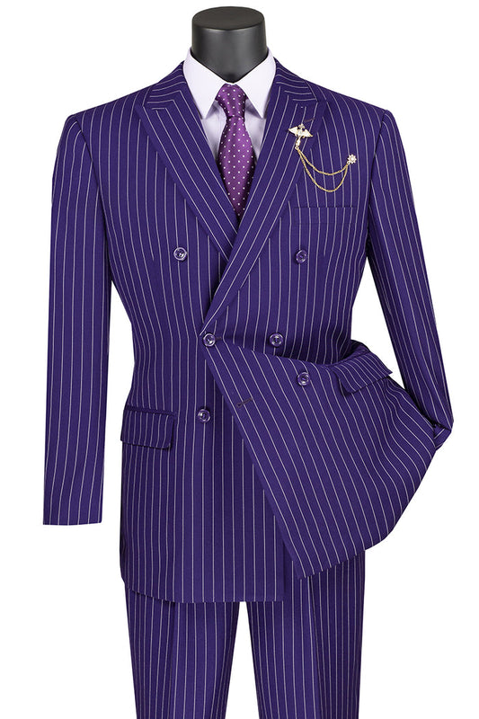 A mannequin displays the Vinci Suits Regular Fit Double Breasted Stripe 2 Piece Suit (Purple) DSS-4, coupled with pleated pants. The look is finished with a matching polka dot tie and elegant lapel chain.