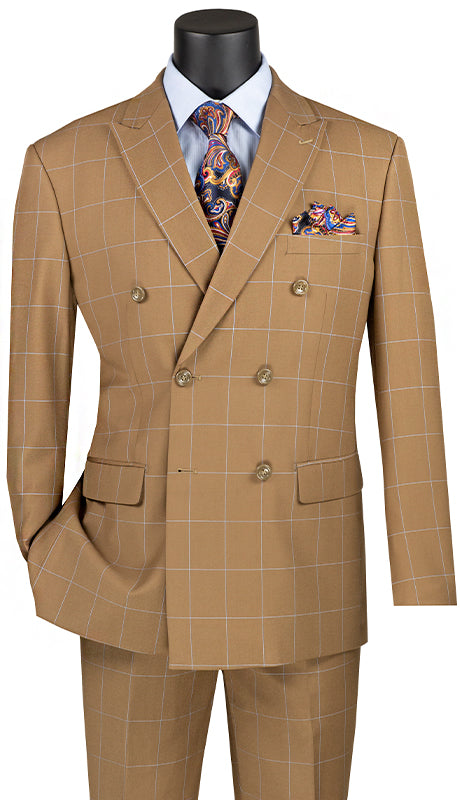 The Vinci Suits Modern Fit Double Breasted Windowpane Peak Lapel 2 Piece Suit in Camel (MDW-1) offers a sophisticated grid pattern and pairs elegantly with a blue shirt, paisley tie, and colorful pocket square for a contemporary look.