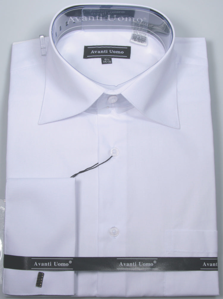 A neatly folded Avanti Uomo French Cuff Dress Shirt DS3816 in white, featuring a pointed collar, is packaged with a black AVANTI UOMO label inside a plastic covering.