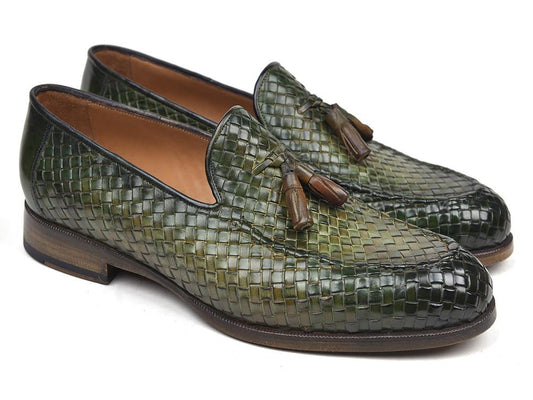 The Paul Parkman Woven Leather Tassel Loafers in Green (model WVN44-GRN) for men, with brown soles, are elegantly displayed against a white background.