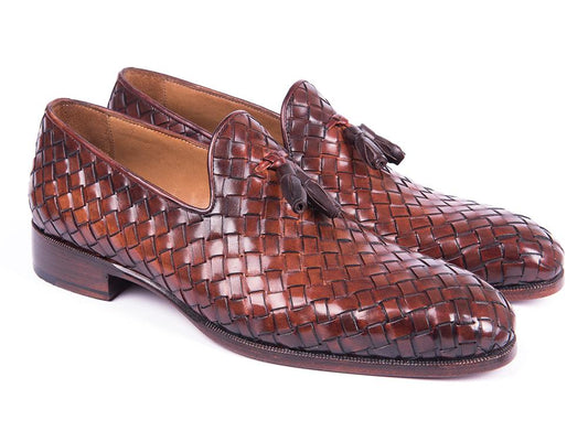 The Paul Parkman Woven Leather Tassel Loafers in brown (WVN88-BRW), crafted with a low heel and rounded toe, make an excellent addition to any men's shoe collection.