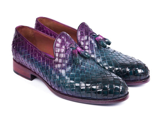 The Paul Parkman Woven Leather Tassel Loafers, model WVN88-MIX, feature a hand-painted design with woven leather and exhibit an eye-catching multicolor finish in shiny purple and teal, making them an ideal addition to any men's shoe collection.