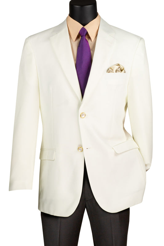 An elegant ensemble featuring the Vinci Suits Regular Fit 2 Button Business Blazer in Ivory, matched with a beige shirt and purple tie. Coordinated with a beige pocket square on a black mannequin, it is wrinkle-resistant for sophistication and practicality.