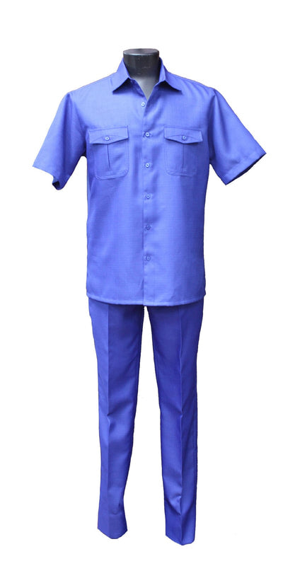 A mannequin displays the Bassiri Royal Blue 2pc Set A 127, a short-sleeved uniform made from durable polyester, featuring a button-up shirt with coordinating pants by Bassiri.
