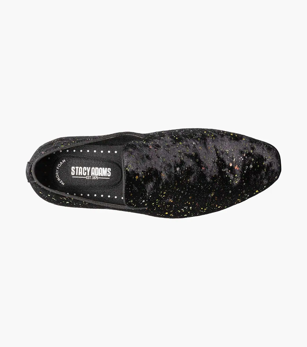 Introducing the Stacy Adams Stellar - STELLAR Plain Toe Glitter Slip On in Black (25534-001). This shoe features a unique multicolored speckled pattern that evokes the beauty of stars. Experience exceptional comfort with its memory foam footbed, ensuring each step feels as if you're walking on clouds.