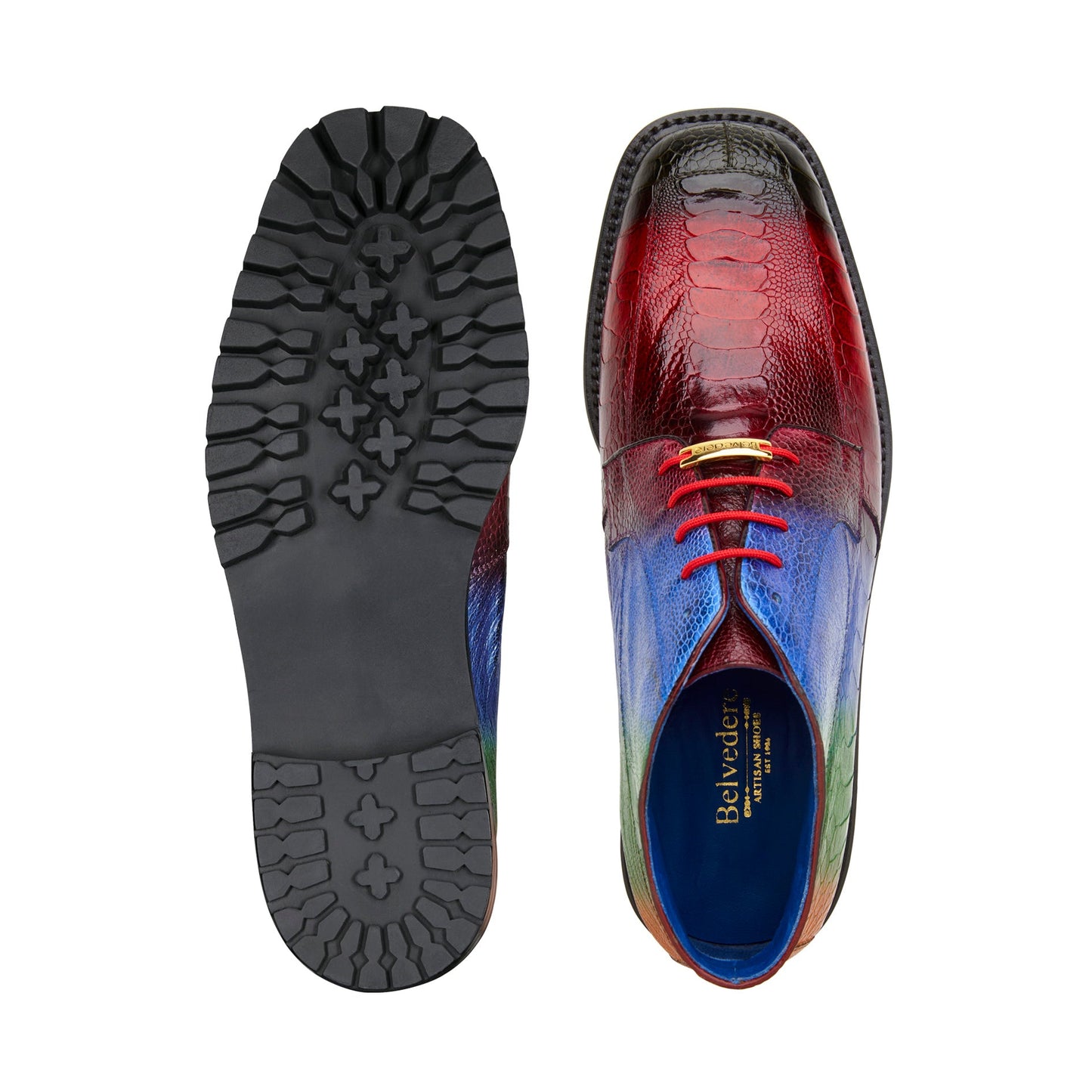 Introducing the Belvedere - Alvaro, a multicolored genuine hand-painted ostrich leg boot that showcases a gradient from red to blue and green. It features a black sole and vibrant red laces. Designed by BELVEDERE, this boot ensures comfort with its cushioned insole and sleek leather lining for a refined finish.