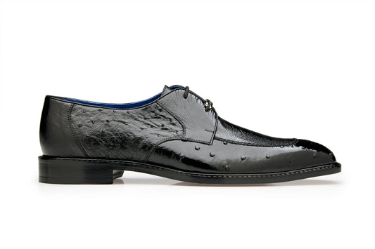 The Belvedere - Bolero, a black dress shoe with genuine ostrich leg and quill finish and lace-up closure, is displayed side-on against a plain white background.